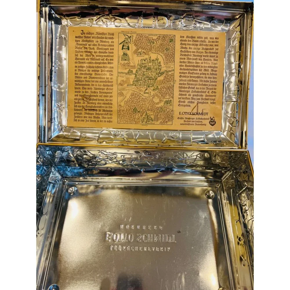 E. Otto Schmidt Biscuit Tin from Nurnberg Germany With a Paper Story in German